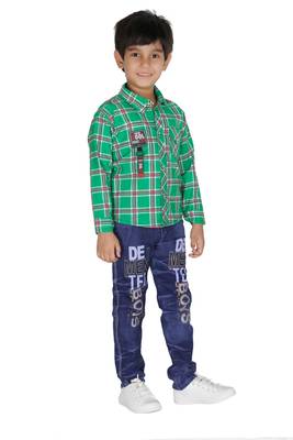 Green embroidered blended cotton boys shirt and jeans 4