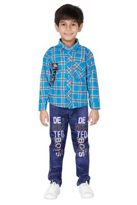 Blue embroidered blended cotton boys shirt and jeans 1