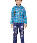 Blue embroidered blended cotton boys shirt and jeans