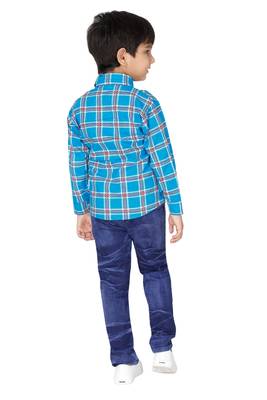 Blue embroidered blended cotton boys shirt and jeans 2