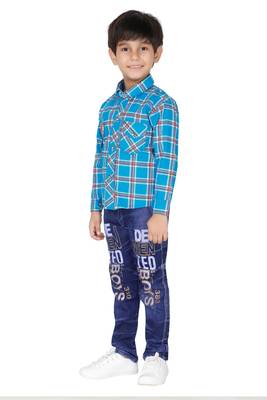 Blue embroidered blended cotton boys shirt and jeans 3