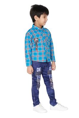 Blue embroidered blended cotton boys shirt and jeans 4