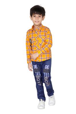 Orange embroidered blended cotton boys shirt and jeans 1