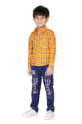 Orange embroidered blended cotton boys shirt and jeans 3