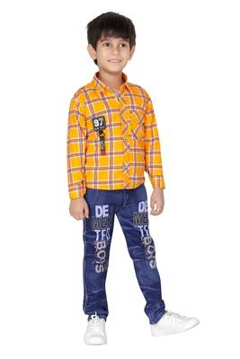 Orange embroidered blended cotton boys shirt and jeans 4