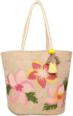 Floral embroidery jute wool shopper bag 1