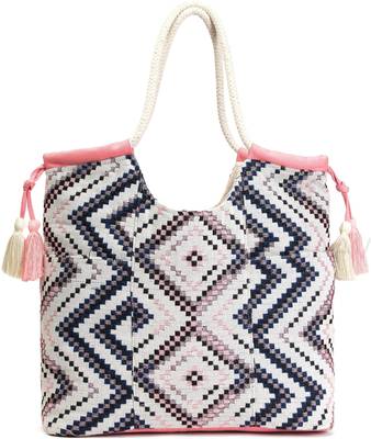 Pink aztec jacquard cotton rope shoulder bag with tassels 1