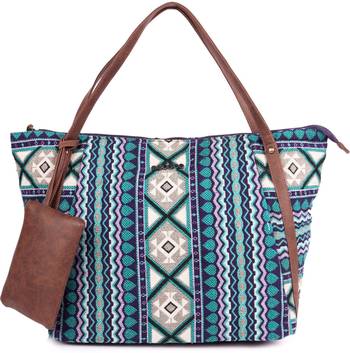 Blue Green Textured Tote Bag With Coin Pouch 1