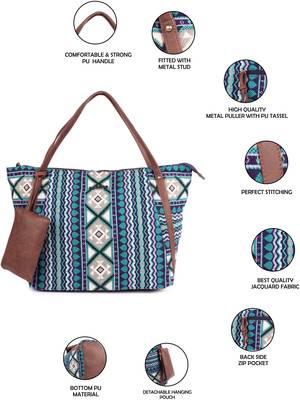 Blue Green Textured Tote Bag With Coin Pouch 4