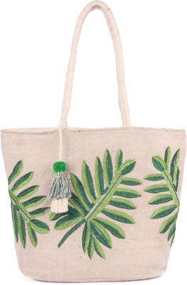 leaf embroidery jute cotton shopper bag 1