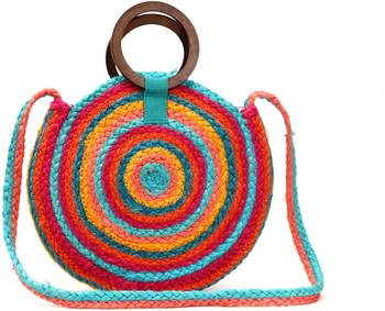 Round Multi Color jute bag with wood handles 1
