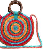 Round Multi Color jute bag with wood handles