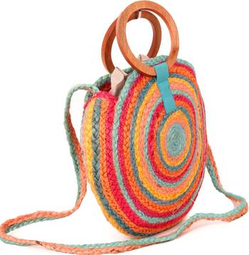 Round Multi Color jute bag with wood handles 2