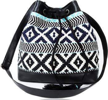 Black Aztec Jacquard Sling Bag With Drawstring Closure 1