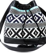 Black Aztec Jacquard Sling Bag With Drawstring Closure
