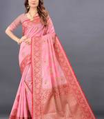 Pink woven banarasi silk saree with blouse