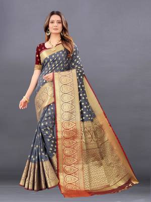 Grey woven banarasi silk saree with blouse 1