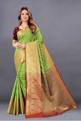 Parrot green woven banarasi silk saree with blouse 1