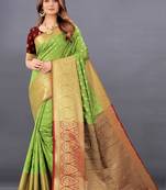 Parrot green woven banarasi silk saree with blouse