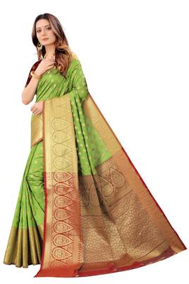 Parrot green woven banarasi silk saree with blouse 2