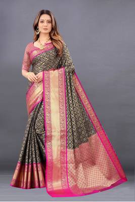Black woven banarasi silk saree with blouse 1