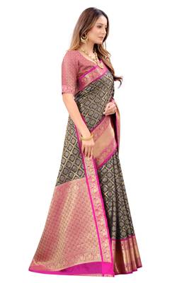 Black woven banarasi silk saree with blouse 3