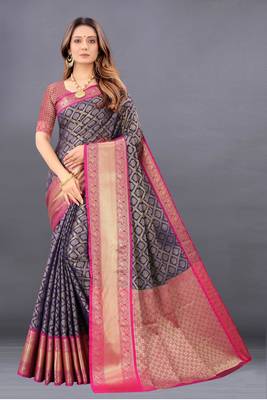 Navy blue woven banarasi silk saree with blouse 1