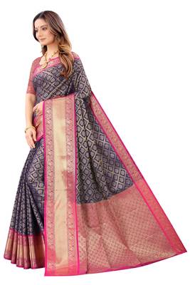 Navy blue woven banarasi silk saree with blouse 2