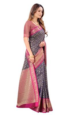 Navy blue woven banarasi silk saree with blouse 3