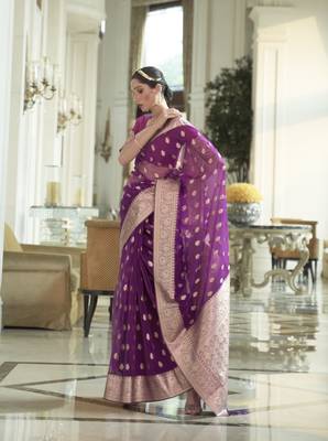 Purple woven nylon saree with blouse 1