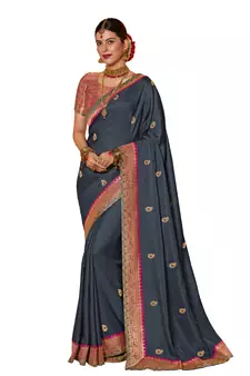 grey banarasi silk embroidered saree wirh blouse