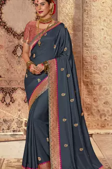 grey banarasi silk embroidered saree wirh blouse