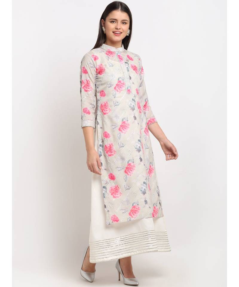 Sage Green Floral Sequin Embroidered Layered Floor Length Kurti