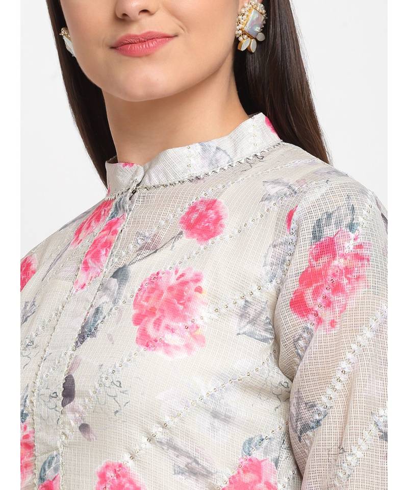 Sage Green Floral Sequin Embroidered Layered Floor Length Kurti