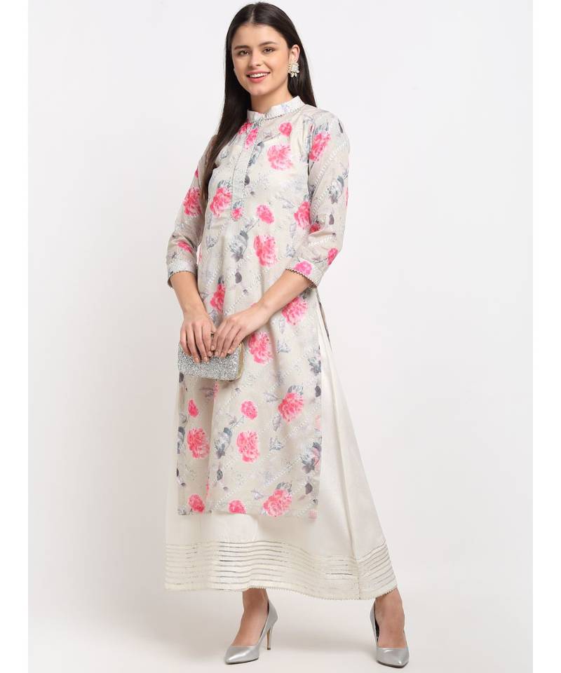 Sage Green Floral Sequin Embroidered Layered Floor Length Kurti