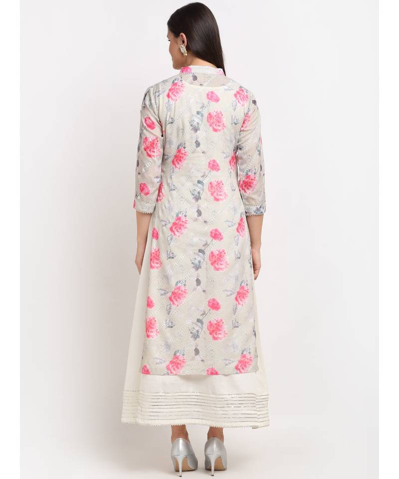 Sage Green Floral Sequin Embroidered Layered Floor Length Kurti