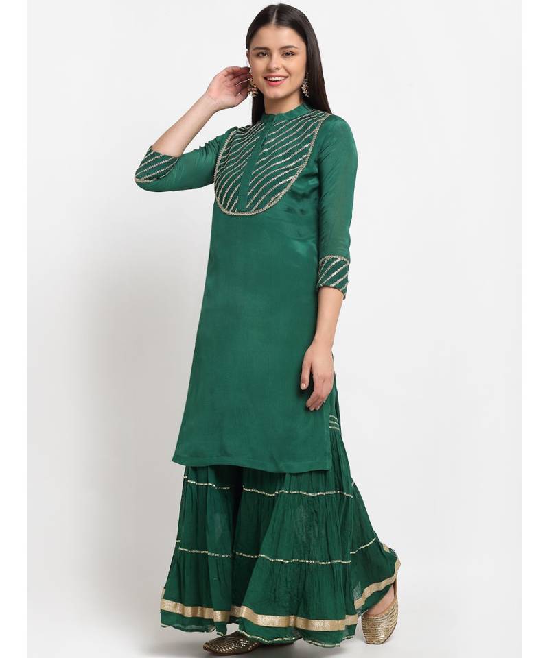 Glam Green Sequined Yoke Short Kurti with Sharara