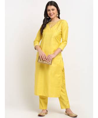Glowing Yellow Sequined Yoke Straight kurti with Pants 1