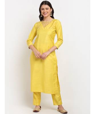 Glowing Yellow Sequined Yoke Straight kurti with Pants 2