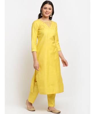 Glowing Yellow Sequined Yoke Straight kurti with Pants 3