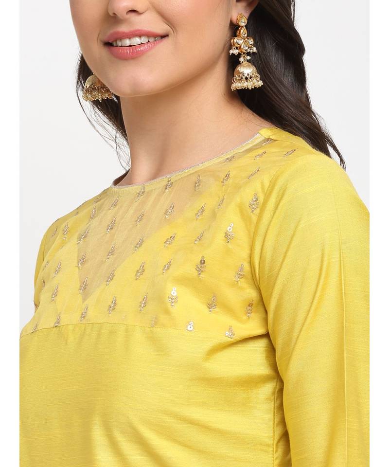 Glowing Yellow Sequined Yoke Straight kurti with Pants