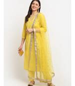 Glowing Yellow Sequined Yoke Straight kurti with Pants and Sequin Dupatta