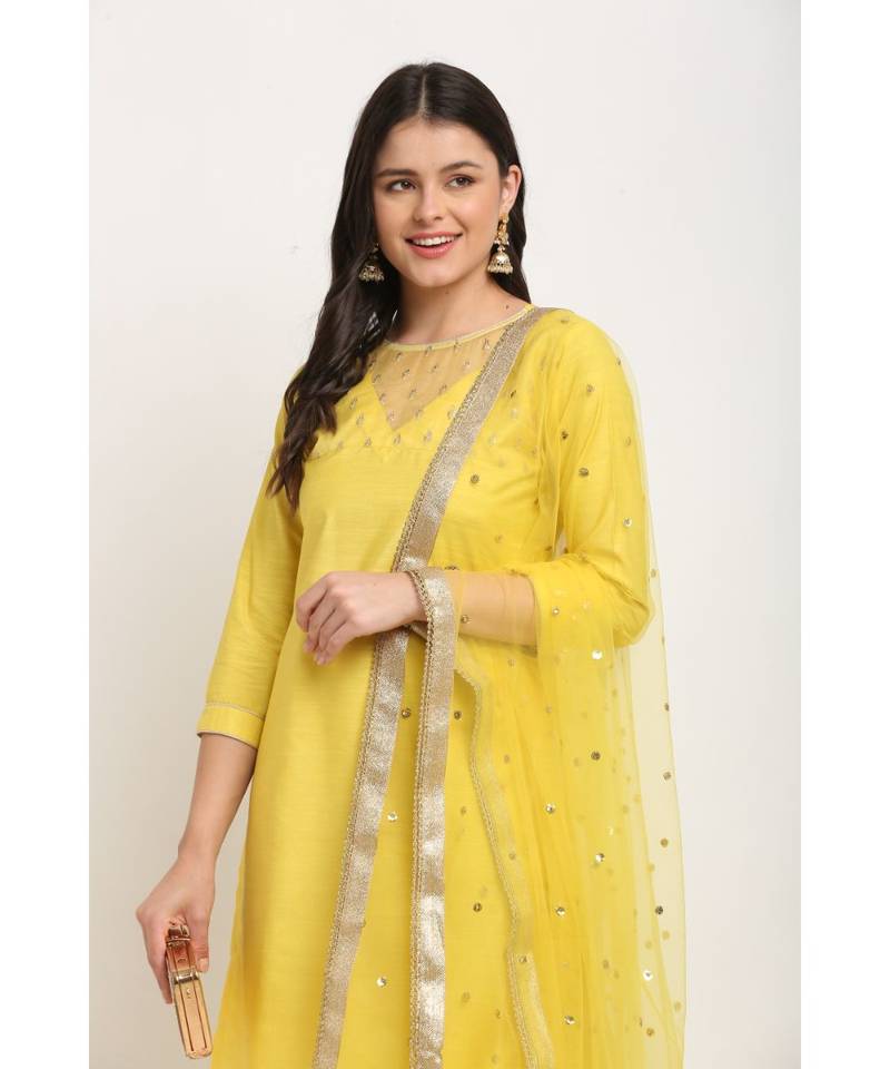 Glowing Yellow Sequined Yoke Straight kurti with Pants and Sequin Dupatta