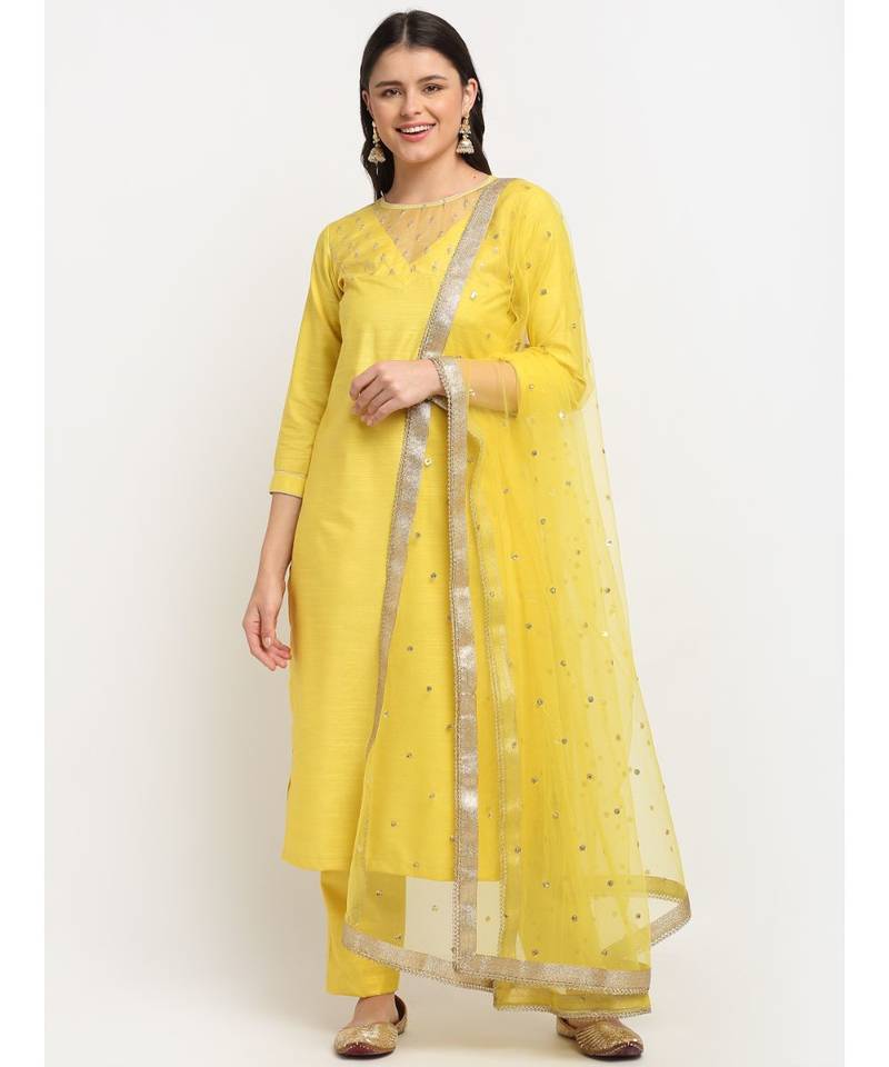 Glowing Yellow Sequined Yoke Straight kurti with Pants and Sequin Dupatta