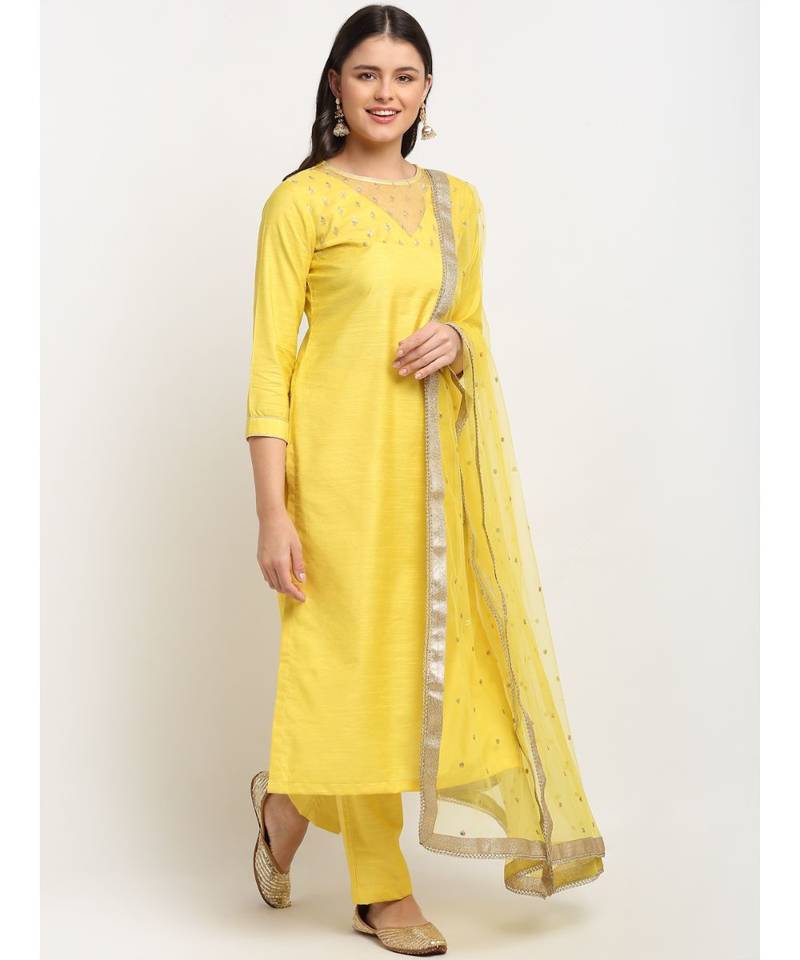 Glowing Yellow Sequined Yoke Straight kurti with Pants and Sequin Dupatta