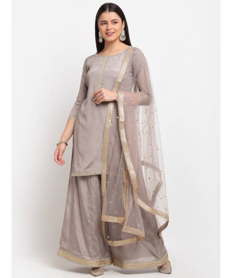 Shimmery Grey Short Kurti with Flared Palazzo and Sequin Dupatta