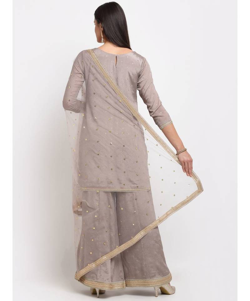 Shimmery Grey Short Kurti with Flared Palazzo and Sequin Dupatta