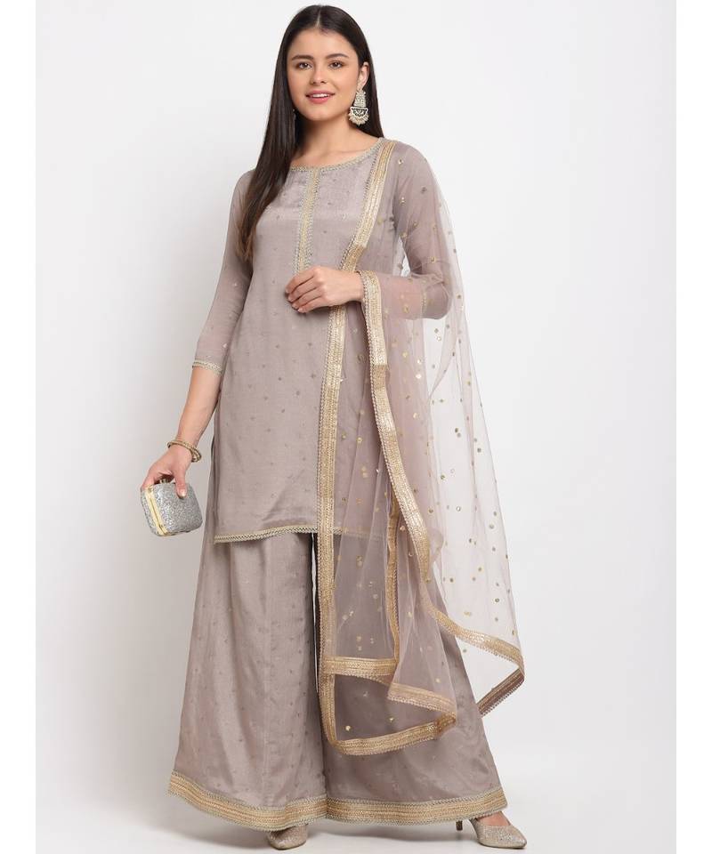 Shimmery Grey Short Kurti with Flared Palazzo and Sequin Dupatta