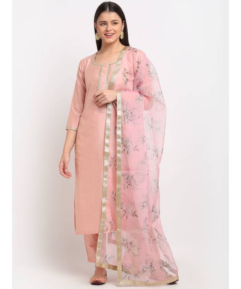 Peach Petal Straight Kurti with Pants and Printed Dupatta