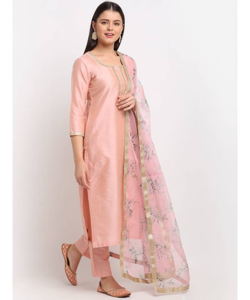 Peach Petal Straight Kurti with Pants and Printed Dupatta